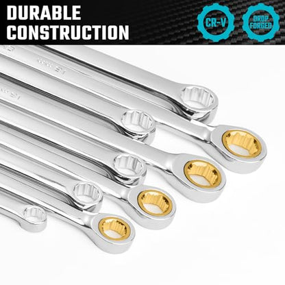 DURATECH Extra Long Anti-Slip Ratcheting Wrench Set, Double Box End Wrench Set, 9-Piece, Metric, 10, 12, 13, 14, 15, 16, 17, 18, 19mm, CR-V Steel, with Rolling Pouch - size: 10-19mm