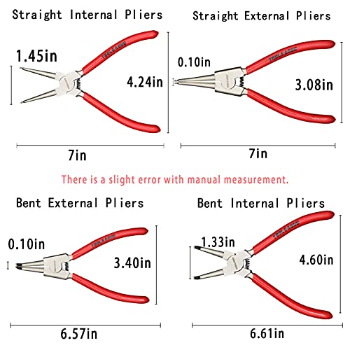 TOOLEAGUE 4 Pcs Snap Ring Pliers Set, Circlip Pliers, 7 inches Internal/External Heavy Duty for Ring Remover Retaining Straight Bent Lock Pliers Set - size: 7 inches (Bent/Straight, Internal/External, 4Pcs)
