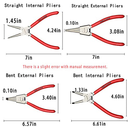 TOOLEAGUE 4 Pcs Snap Ring Pliers Set, Circlip Pliers, 7 inches Internal/External Heavy Duty for Ring Remover Retaining Straight Bent Lock Pliers Set - size: 7 inches (Bent/Straight, Internal/External, 4Pcs)
