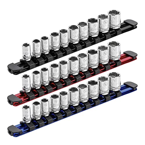 ARES 60099 1/4-In Red/Blue Socket Rail Locking | Part No. 60099; Includes Red, Blue, and Black Rails; Each Aluminum Rail Stores up to 10 Sockets - color: Multi, size: 1/4-Inch Drive