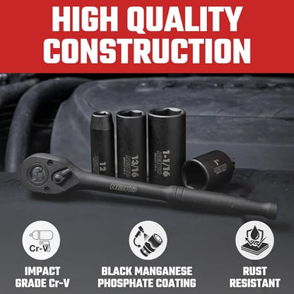 NEIKO 02448A 1/2" Drive Master Impact Socket Set, 65 Piece, Standard SAE (3/8"-1-1/4") & Metric (10-24 mm) Sizes, Deep & Shallow Kit, Includes Adapters & Ratchet Handle