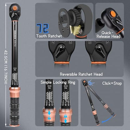 Torque Wrench 1/2-Inch Drive Dual Range Scales 10-170 Ft-Lb/13.56-230.5Nm | ±3% Precision, 72 tooth Dual-direction Torque Wrenches for Moto, Car, Truck Maintenance - size: 【1/2-Inch DR.10-170 FT.LB】