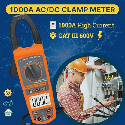 Digital Clamp Meter Multimeter 1000A AC/DC Amp Voltmeter, Auto-Ranging TRMS with Backlit LCD & NCV; Measures Voltage, Current, Temp, Duty Cycle, Capacitance, Frequency