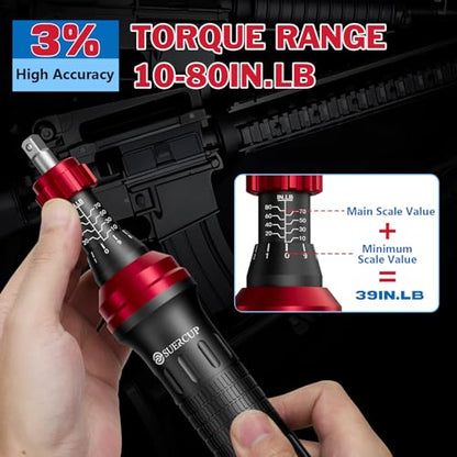 SUERCUP 1/4" 10-80In.lb Torque Wrench Screwdriver 36 PCS Set | T-bar, Hex, Torx, and Phillips S2 Bits, Torque Screwdriver, For Scope and Car, Bike Mounting and Home DIY - size: 10-80In.lb