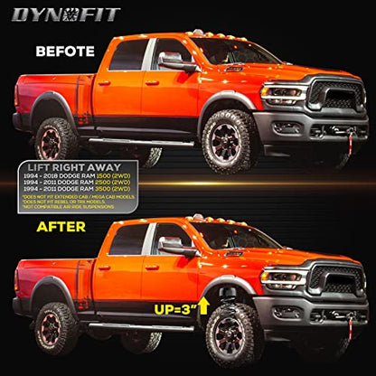 Dynofit 3" Leveling Kit for 2WD Ram 2500/3500 (1994-2011) & Ram 1500 (1994-2018), Raise Dodge Truck 3 Inch Front Suspension for Load Leveling, Set of 2 Black Polyurethane (PU) Coil Spring Lift Spacers - size: 3 Inch (For 2WD)