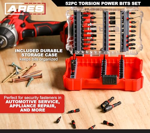 ARES 31022-52-Piece Torsion Power Bit Set with Sliding Bit Holder – Includes Standard and Reduced Philips, SAE Hex, Standard Torx, Slotted, Double-Ended Power, and Square - size: 52-Piece Torsion Power Bit Set with Bit Holder