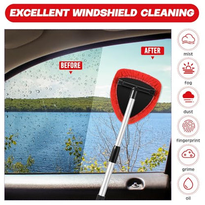 Baderke 10 Pcs Windshield Cleaner Tool Car Window Cleaning Supplies with Extendable Handle Include 6 Washable Microfiber Bonnets 2 Empty 60ml Spray Bottle Glass Wiper Kit(Red) - color: Red