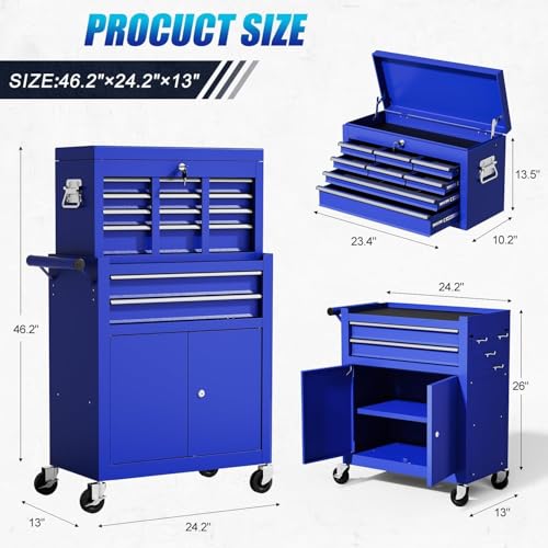 10-Drawer Rolling Tool Chest with Wheels, Rolling Tool Chest Heavy Duty, 2 in 1 Lockable Tool Box with Drawers, High-Capacity Mechanic Tool Organizer, Adjustable Shelf & Detachable Top Cabinet - color: Blue