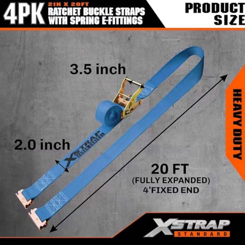 XSTRAP STANDARD 4-PK 2" x 20' E-Track Heavy Duty Ratchet Tie Down Straps | 4,400lbs Break Strength Cargo Securement Straps for Trailers, Trucks, Vans & Motorcycles with Spring Fittings (Blue) - size: Blue-4PK-20FT
