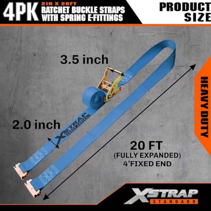 XSTRAP STANDARD 4-PK 2" x 20' E-Track Heavy Duty Ratchet Tie Down Straps | 4,400lbs Break Strength Cargo Securement Straps for Trailers, Trucks, Vans & Motorcycles with Spring Fittings (Blue) - size: Blue-4PK-20FT