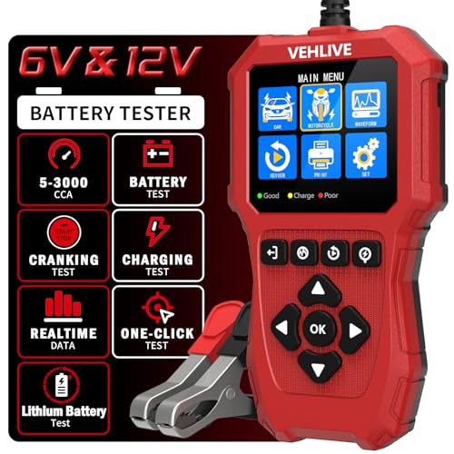 Car Battery Tester 6V 12V with Lithium Battery Testing, VEHLIVE BT910 5-3000CCA Battery Load Tester, Automotive Alternator Tester Charging Cranking System Tester for Car Truck Motorcycle SUV ATV Boat - color: China Red