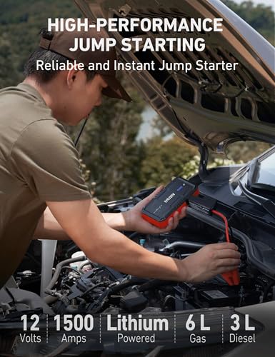 AstroAI S8 Car Battery Jump Starter, Car Jumper Starter Battery Pack for Up to 6.0L Gas & 3.0L Diesel Engines, 12V Portable Jump Box with 3 Modes Flashlight and Jumper Cable (Red) - color: Red - 1500A (S8)