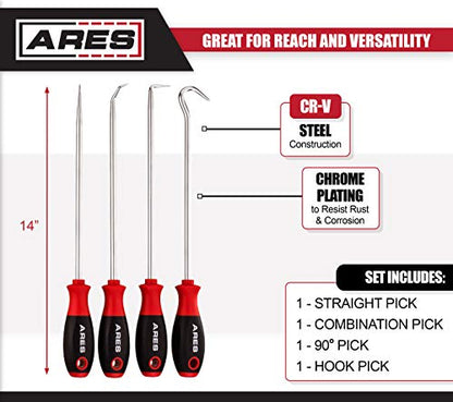 ARES 70246 Hook and Pick Set, 4-Piece, Chrome Vanadium Steel | Includes a large straight pick, 90 degree pick, combination pick, and a hook pick - size: 4-Piece Hook and Pick Set