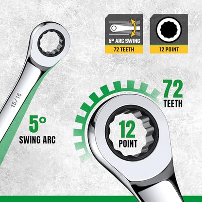 SK Ratcheting Wrench Set, Combination Wrench Set, 30-Piece, SAE 1/4" to 1", Metric 8 to 24mm, 72-Tooth, Premium CR-V Construction, with Rolling Pouch - size: 30-Piece, SAE 1/4" to 1", Metric 8 to 24mm