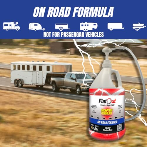 FlatOut QuickStrike On Road Tire Sealant - NEW Formula - Prevents Flat Tires - Seals Leaks - Contains Kevlar - Tubeless Tire Sealant - 1 Gallon + Tool - size: 128 Fl Oz + Tool