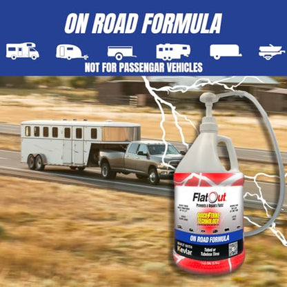 FlatOut QuickStrike On Road Tire Sealant - NEW Formula - Prevents Flat Tires - Seals Leaks - Contains Kevlar - Tubeless Tire Sealant - 1 Gallon + Tool - size: 128 Fl Oz + Tool