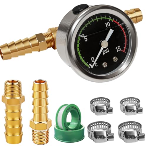 Fuel Pressure Gauge Kit, 0-15psi Glycerin Filled Fuel Pressure Gauge Kit, 1-1/2" Dial Size Fuel Pressure Gauge for Car, 1/8'' NPT Inline Fuel Pressure Gauge with 3/8'' 5/16'' Barb, Back Mount