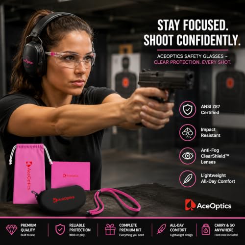 Safety Glasses – ANSI Z87 Certified, 5X Anti-Fog ClearShield™ Lenses with Premium Hard Case & Accessory Bundle - color: Pink & White / Clear