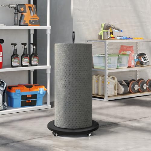 Absorbent Mat Roll Holder, Rolling Mat Oil Absorbent Pads Holder with Wheels, Floor Oil Spill Mat Dispenser Rack, Metal Mat Roll Utility Cart for Workshop Garage Factory