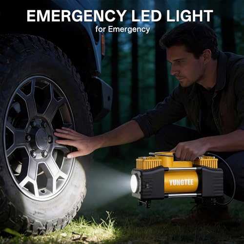 YUNGTEE Yellow Tire Inflator Heavy Duty Double Cylinders Direct Drive Inflation Pump,12V Portable Air Compressor Pump with Emergency LED Light - 150PSI Tire Pump,Apply to Car,Suv,RV - color: Yellow