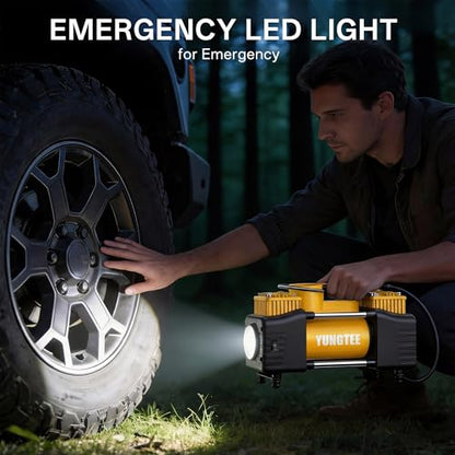 YUNGTEE Yellow Tire Inflator Heavy Duty Double Cylinders Direct Drive Inflation Pump,12V Portable Air Compressor Pump with Emergency LED Light - 150PSI Tire Pump,Apply to Car,Suv,RV - color: Yellow