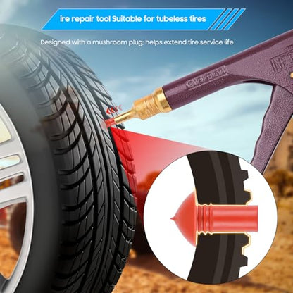 Tubeless Tire Gun Puncture Repair Kit with Mushroom Plug (Gun Puncture kit 16 Plugs, Red for Tyre Punctures and Flats on Cars, Motorcycles, ATV, Trucks & Tractors - color: red