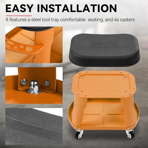 Auto Dynasty Mechanic Roller Stool, 300 LBS Capacity Rolling Creeper Garage Shop Seat with Tool Tray, Heavy Duty Mechanic Roll Repair Chair for Workshop Household Home Warehouse Office, Orange
