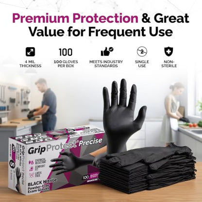 GripProtect® Precise Black Nitrile Gloves, Exam, 4 Mil, Food, Home, Cleaning, Medical/Dental, Tattoo (Small, 100) - size: Small (100 Count)