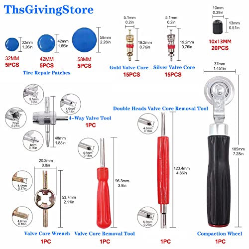 70PCS Tire Patches Kit Heavy Duty, Inner Tube Patch Kit, Include Tire Patch Roller,Rubber Repair Patches, Valve Core, 4-Way Valve Tool, Valve Core Wrench, Valve Core Removal Tool with Tire Valve Caps