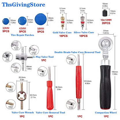 70PCS Tire Patches Kit Heavy Duty, Inner Tube Patch Kit, Include Tire Patch Roller,Rubber Repair Patches, Valve Core, 4-Way Valve Tool, Valve Core Wrench, Valve Core Removal Tool with Tire Valve Caps