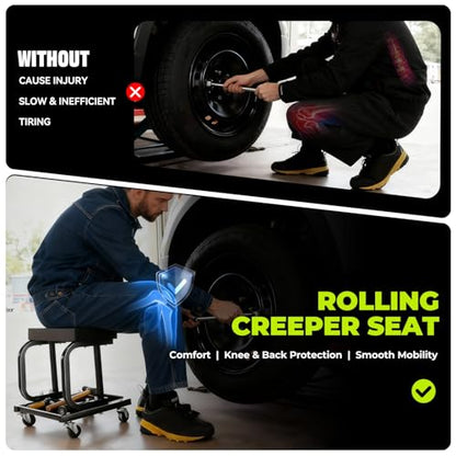 Auto Dynasty Rolling Mechanic Stool, Padded Shop Seat, w/Tool Tray, Black | Heavy Duty 250Lbs Capacity, Low Profile Rolling Shop Seat, with Tool Tray Storage for Garage, Workshop, Auto Repair