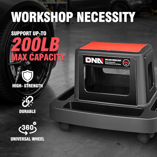 DNA Motoring Mobile Plastic Tool Seat Rolling Garage Work Stool with Under-Seat Storage & Tray for Workshop Auto Repair Shop, Red/Black, TOOLS-00367 - style: UP200lbs Red