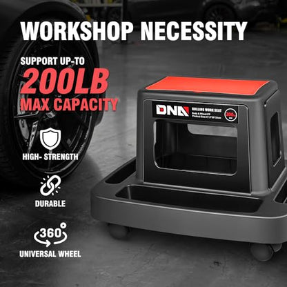 DNA Motoring Mobile Plastic Tool Seat Rolling Garage Work Stool with Under-Seat Storage & Tray for Workshop Auto Repair Shop, Red/Black, TOOLS-00367 - style: UP200lbs Red