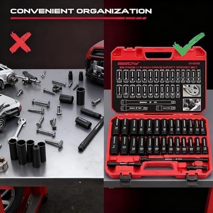 29-Piece 1/2" Drive Impact Socket Set, SAE (3/8 to 1 inch) and Metric (10-24mm) Sizes with Extension Bars Standard Deep Socket Set CR-V Material High Durability Impact Wrench - style: 1/2" | 29-Piece Standard & Deep