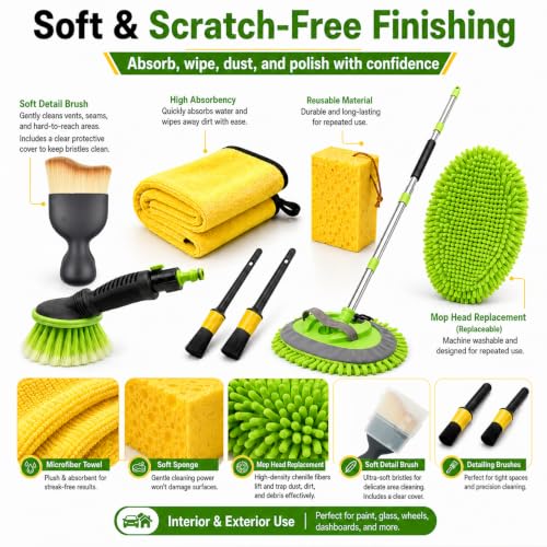Car Detailing Kit Exterior, Car Wash Brush Kit with Long Handle 10pcs Set, Car Windshield Cleaner, Professional Car Care kits, Car Detailing Brush Set, Car Cleaning Drill Brush Kit with Extension Pole