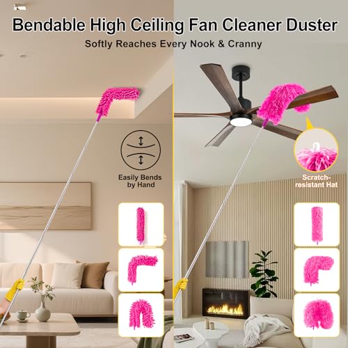 Tiumso 5-in-1 Duster with Extension Pole 100 inch Extendable Dusters for Cleaning Anti-Spin Reusable Dusting Kits for High Ceiling Fans, Cobwebs & Vents, Reinforced Stainless Steel Telescopic Handle - color: Rose Red