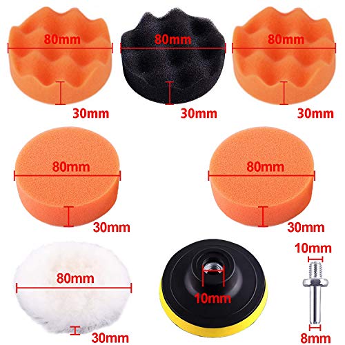 8 Piece Polishing Sponge Wheel Set 3" Buffing Pads Kit, 3" Foam Polish Pads for Car Polishing (6 Polishing Pads and 1 Thread Drill Adapter)