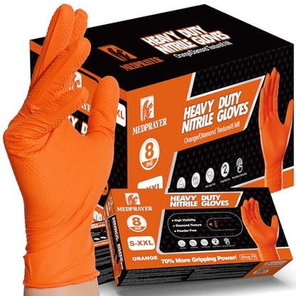 Industrial Nitrile Gloves – Heavy Duty Latex & Powder Free Disposable Gloves with Diamond Texture - color: Orange, size: Small (Pack of 100)
