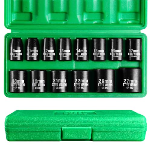 Steel Vision Tools 14-Piece 1/2" Drive Metric Shallow Impact Socket Set, CR-MO Steel 6-Point Standard Metric Sockets, 10-27mm, Heavy Duty Impact Wrench Socket Set for Automotive Repair - style: 1/2"_Metric_Shallow