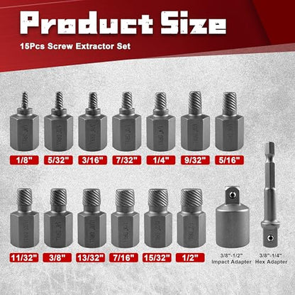 STXDY 15Pcs Screw Extractor Set, 3/8" Inch Manual Screw Extractor Kit, Easy Out Bolt Remover Set for Rusted, Rounded, Damaged Nuts Screws - style: 15Pcs