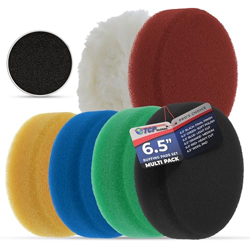 TCP Global 6.5 Inch Buffing Pads Set - 5 Smooth Flat Foam Buffer Pads & 1 Wool Pad for Orbital Buffers, DA Polish Pad for Paint Correction, Polishing Kit for Auto & Boat Gelcoat Detailing