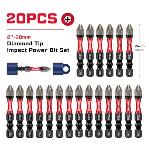 Geinxurn 20Pcs Diamond Coated Impact Screwdriver Bit Set, 2 Inches #2 Phillips Power Driver Bits, Magnetic S2 Steel PH2 Screwdriver Bits Set with Tubes Package - style: 2"-PH2-20PC