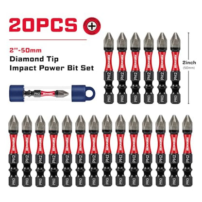 Geinxurn 20Pcs Diamond Coated Impact Screwdriver Bit Set, 2 Inches #2 Phillips Power Driver Bits, Magnetic S2 Steel PH2 Screwdriver Bits Set with Tubes Package - style: 2"-PH2-20PC
