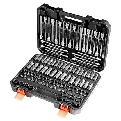VEVOR Bit Socket Set, 107-Piece SAE and Metric, Hex/Torx/External Torx/Tamper-Proof/Extra Long, S2 Alloy Steel and Cr-V Steel, 1/4 in, 3/8 in, and 1/2 in Drives, with Enhanced Storage Case, Hand Use - style: 107 PCS Hex & Torx & E-Torx