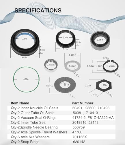 Outer Axle Knuckle Tube Dust Seal & Inner Tube Seal & Needle Bearing & Snap Ring & Thrust Washer Seals Kit for 1998-2004 Ford Super Duty Excursion F250 F350 F450 F550 With Dana 50 60 Front Axle - size: Complete for 1998-2004 Ford F250 F350 F450 F550
