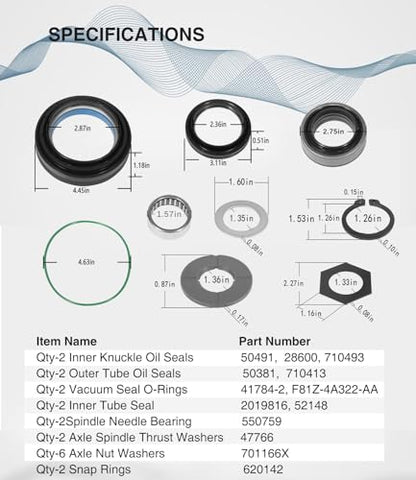 Outer Axle Knuckle Tube Dust Seal & Inner Tube Seal & Needle Bearing & Snap Ring & Thrust Washer Seals Kit for 1998-2004 Ford Super Duty Excursion F250 F350 F450 F550 With Dana 50 60 Front Axle - size: Complete for 1998-2004 Ford F250 F350 F450 F550
