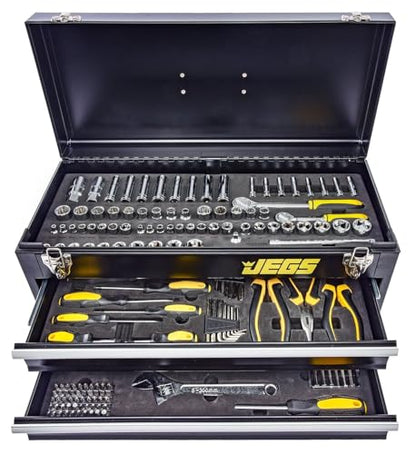 JEGS 170-Piece Mechanic's Tool Set - Includes Black Powder Coated Steel Toolbox, Sockets, Extenders, Ratchets, Wrenches, Screwdrivers, Pliers & Bits
