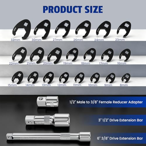 Lichamp 3/8" Drive Crows Foot Wrench Set, 24-Piece Flare Nut Crowfoot Wrench Set with Adapter & 2 Extension Bars