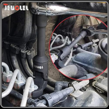 6PCS 3/8" Drive Long Flex Head Injector Fuel Line Socket Wrench Set, Crowfoot Flare Nut Socket Wrench Metric 12mm 14mm 16mm 17mm 18mm 19mm Hydraulic Lines Nuts Bolts Hand Removal Tool - size: 6Pcs Long Flex Head Socket (Red)