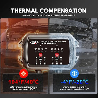 TOPDC 2-Bank Smart Battery Charger 4A, 2A/Bank 6V/12V Automatic Battery Maintainer, Trickle Charger & Desulfator with Overcharge Protection, Temp Compensation for STD AGM LiFePO4 - size: 4A (2A*2Banks)
